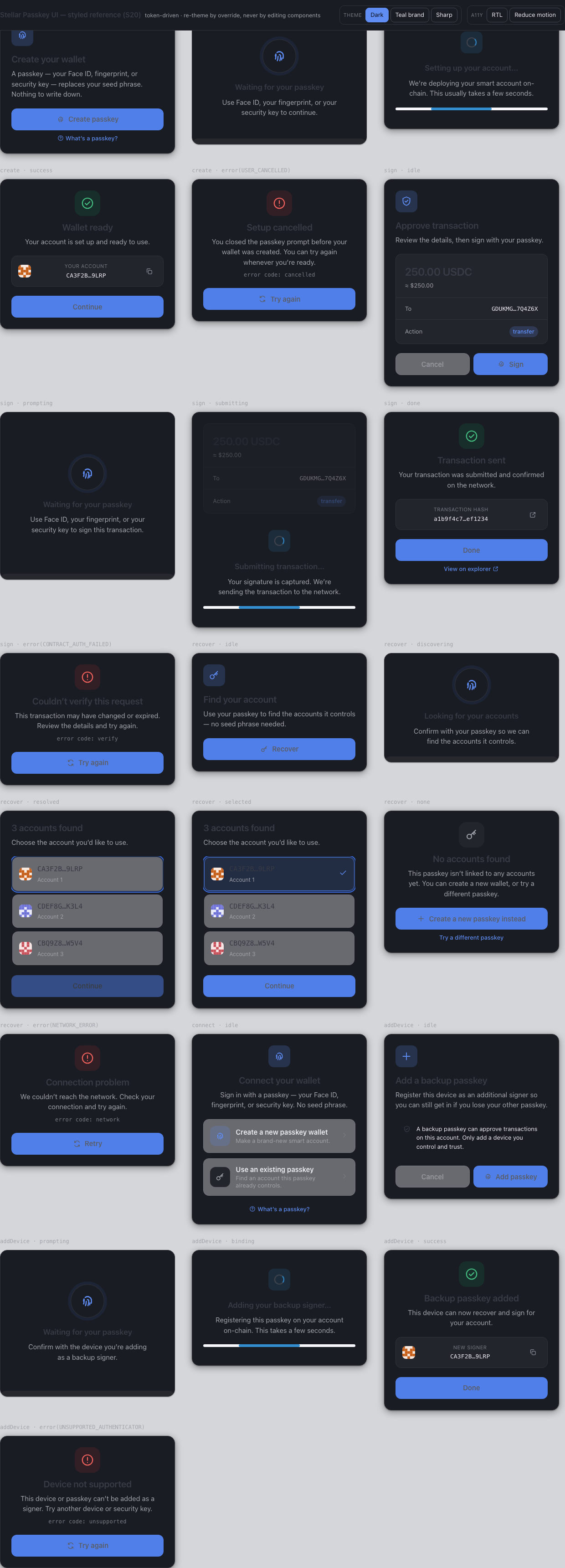 All SoroPass UI states in the dark skin